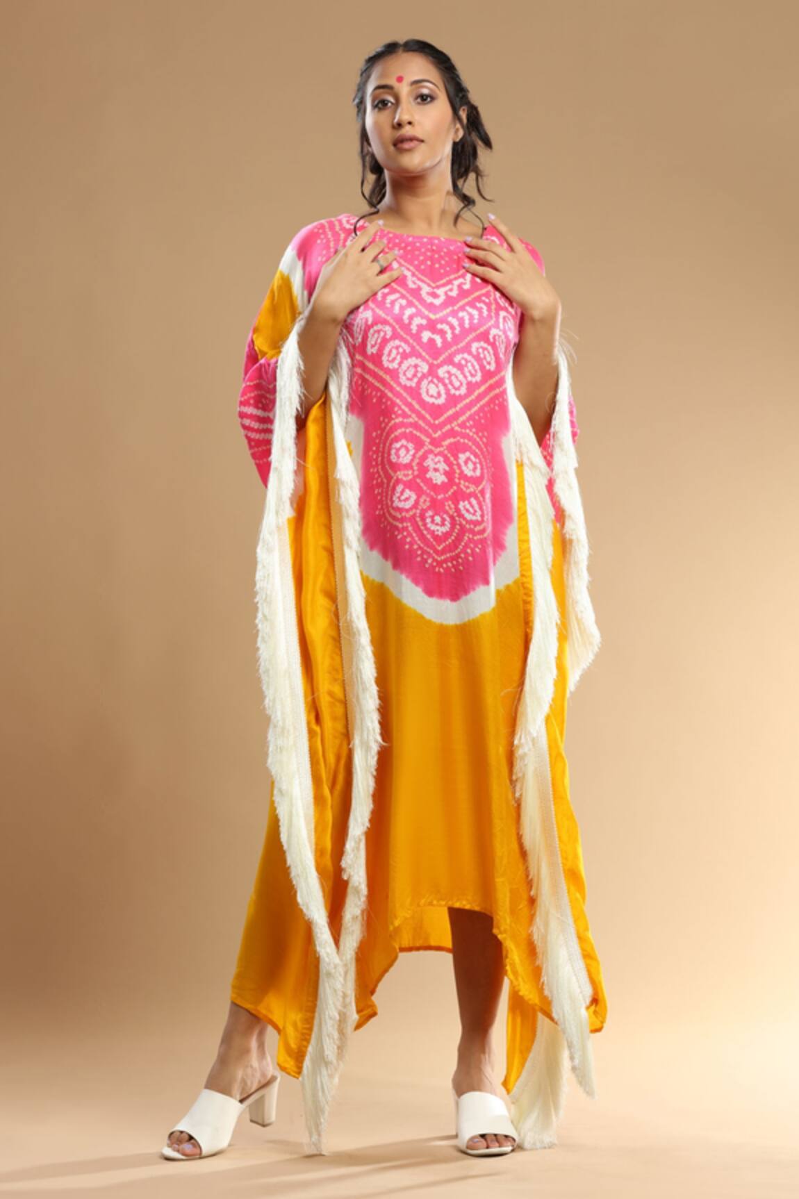 Etasha By Asha Jain Asymmetric Bandhani Kaftan with Dupatta 