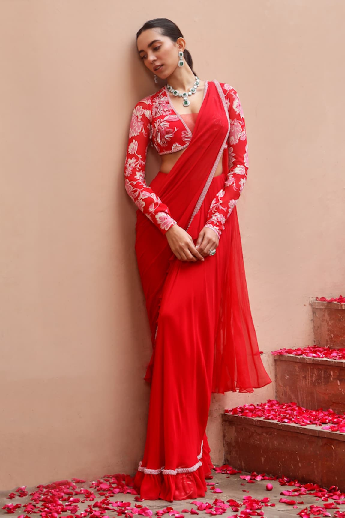 Dheeru Taneja Gul Ruffle Pre-Draped Saree With Printed Blouse