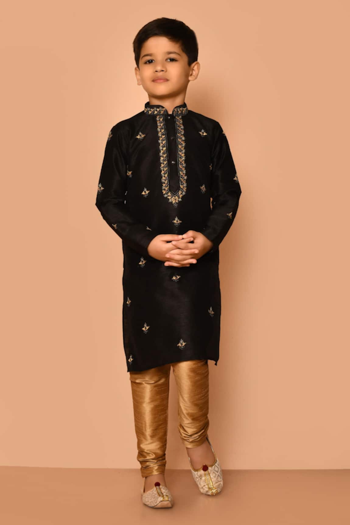 Petite Pomme Flora Pattern Kurta & Gold Churidar Set
