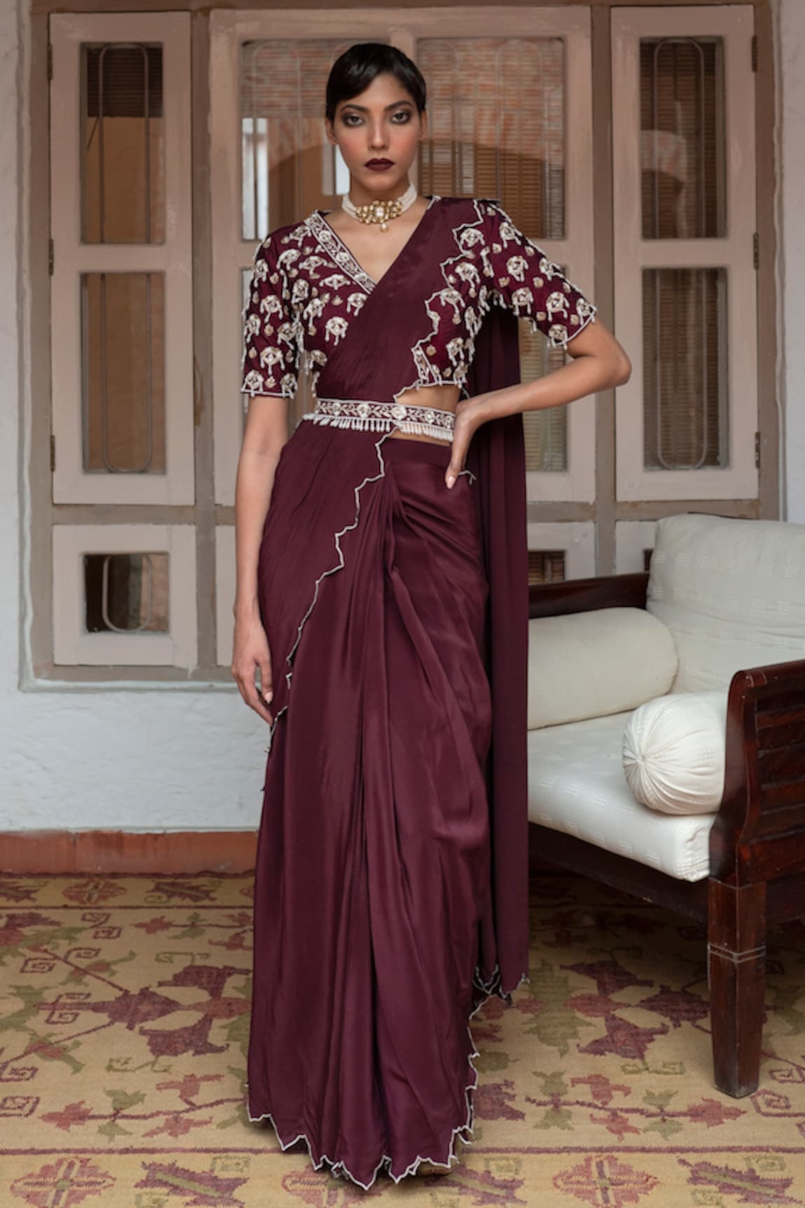 House of Dasmaya Scalloped & Pre-Draped Saree Set