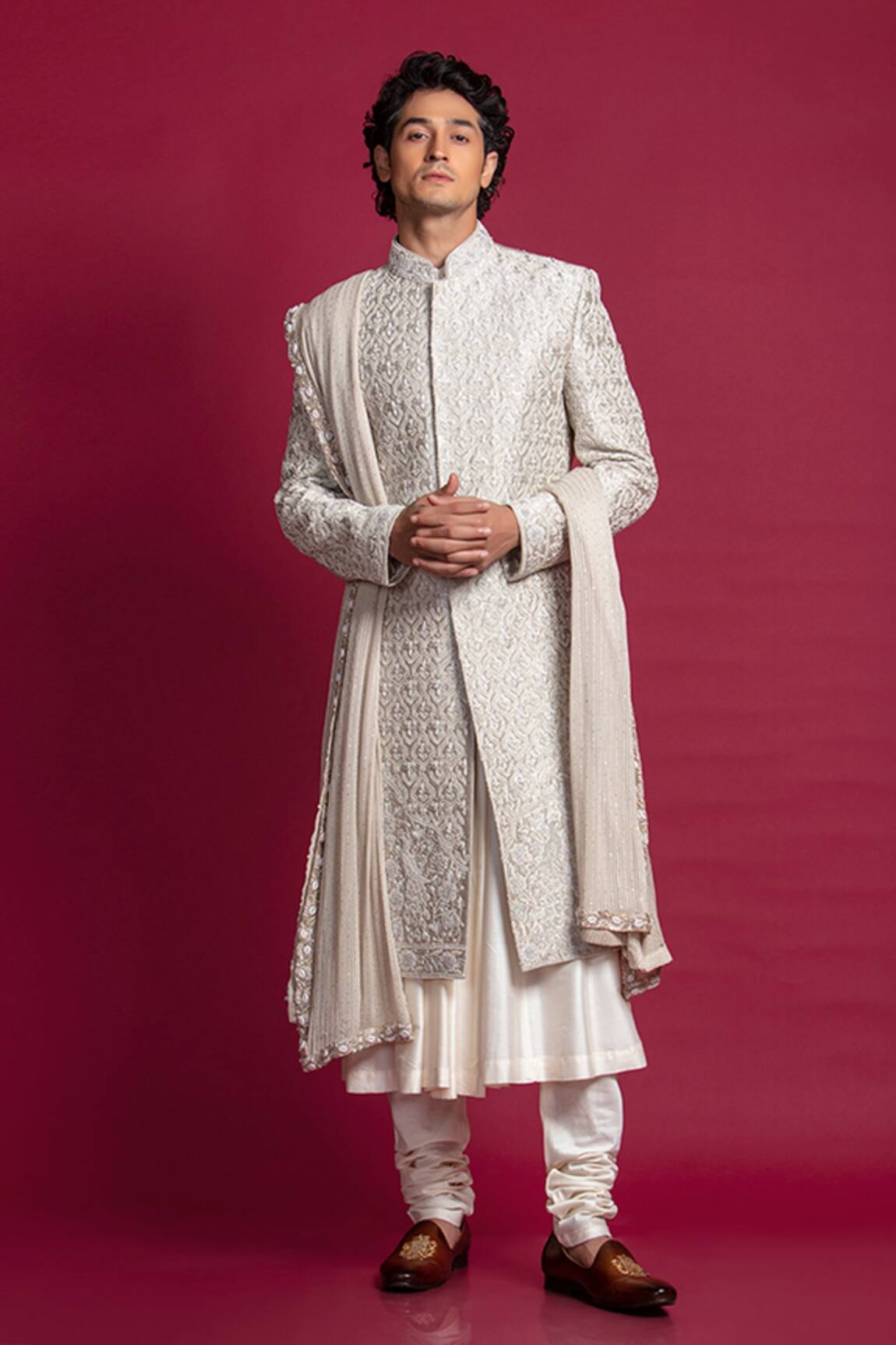 Jayesh Shah Pearl & Resham Embroidered Sherwani Set