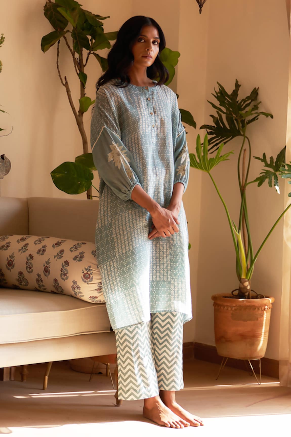 Rekha Agra Geometric Print Handloom Chanderi Kimono & Pant Set