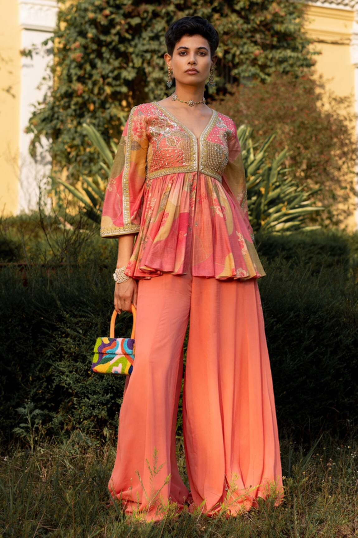 Paulmi And Harsh Naksha Floral Print Peplum & Palazzo Set