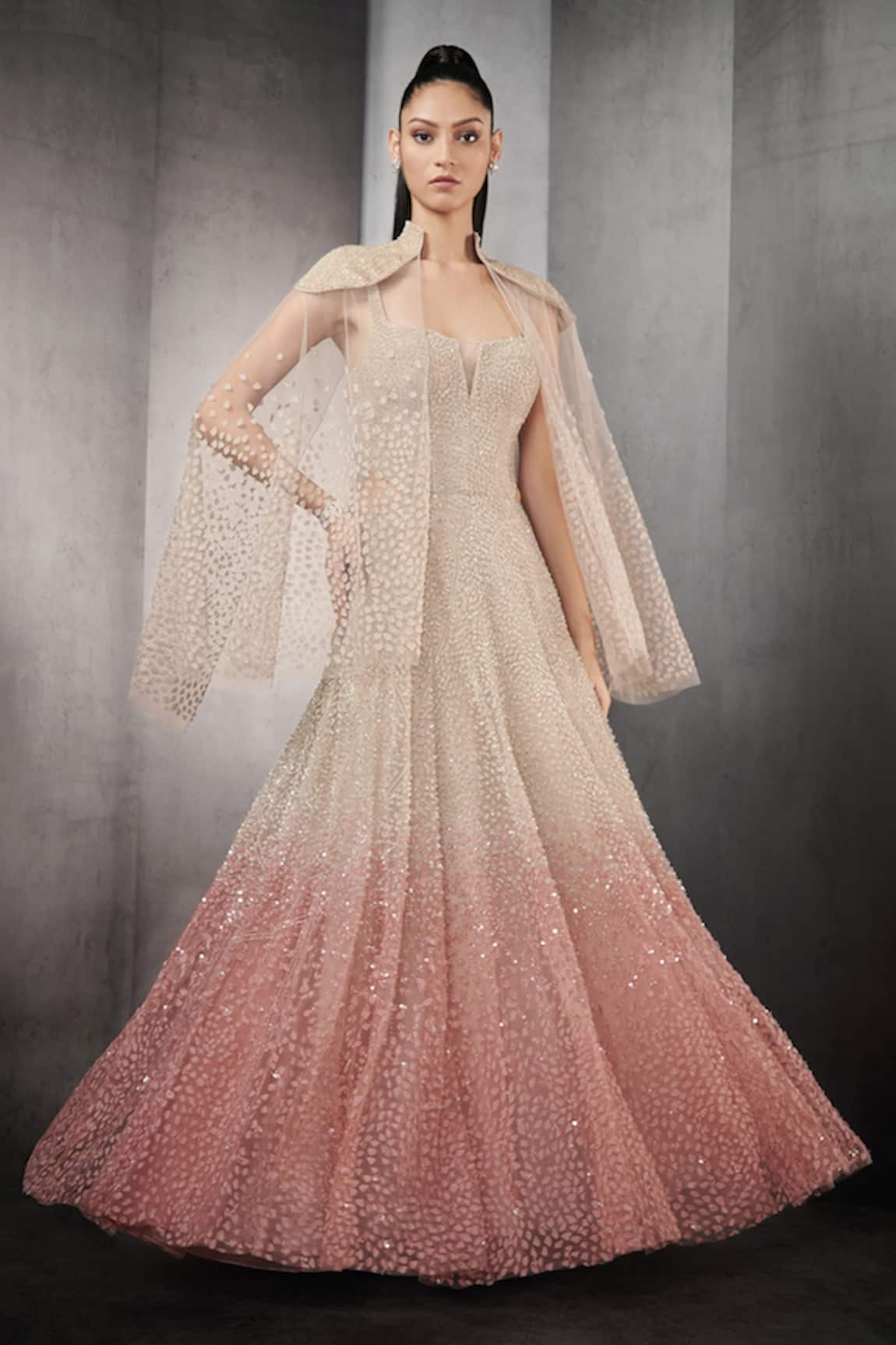 Rohit Gandhi + Rahul Khanna Astral Ombre Embellished Gown With Sheer Cape