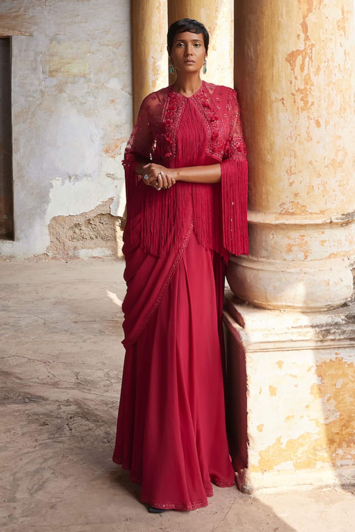 Ridhi Mehra Ibaraat Saree Flower Embroidered Fringe Cape Set
