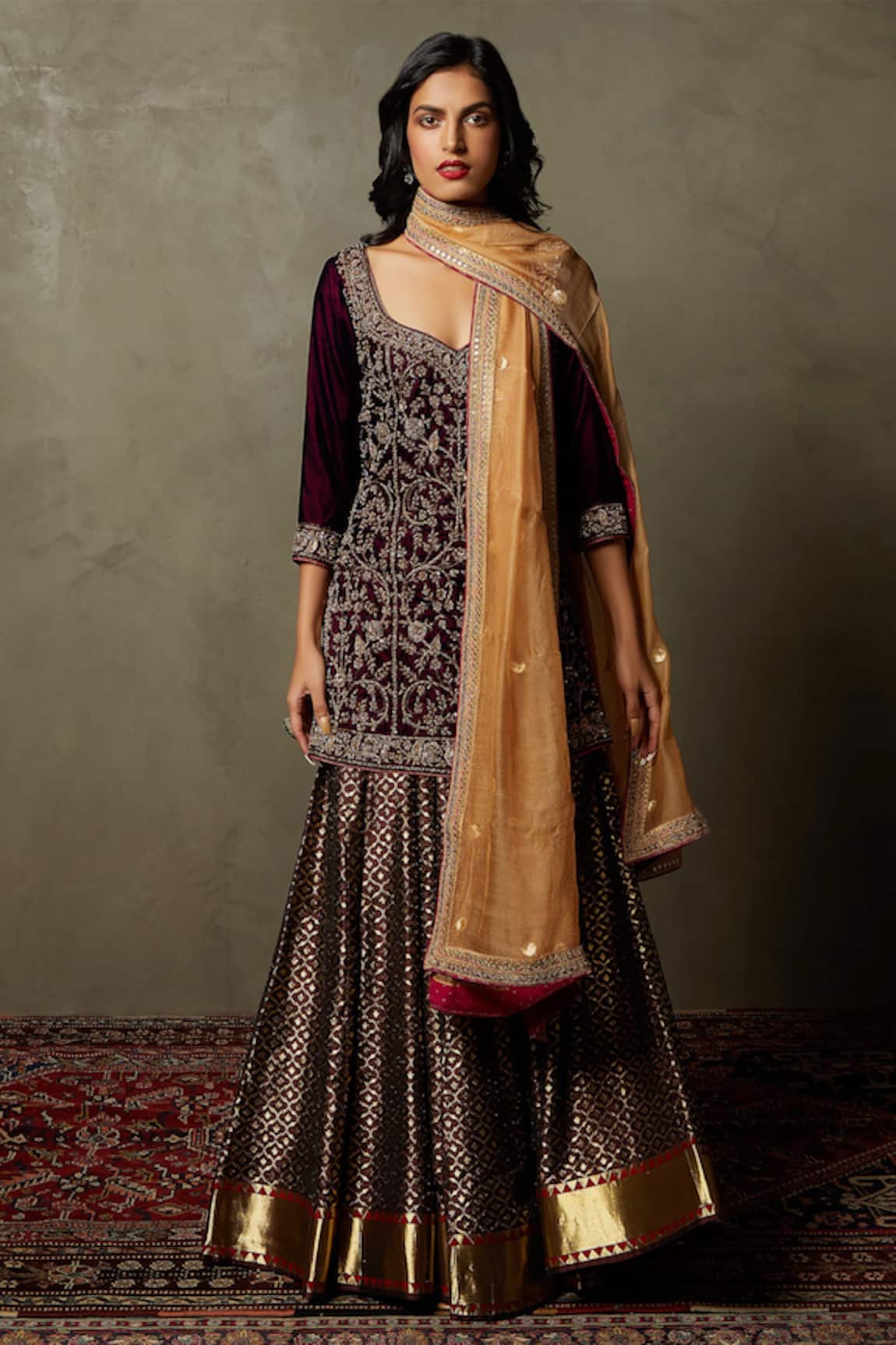 RI.Ritu Kumar Jwala Zardozi Embroidered Kurta Lehenga Set