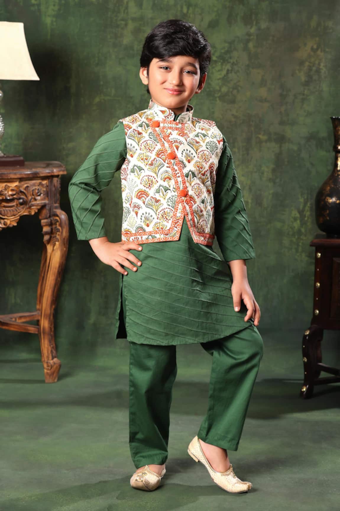 Littlecheer Printed Nehru Jacket Kurta Set