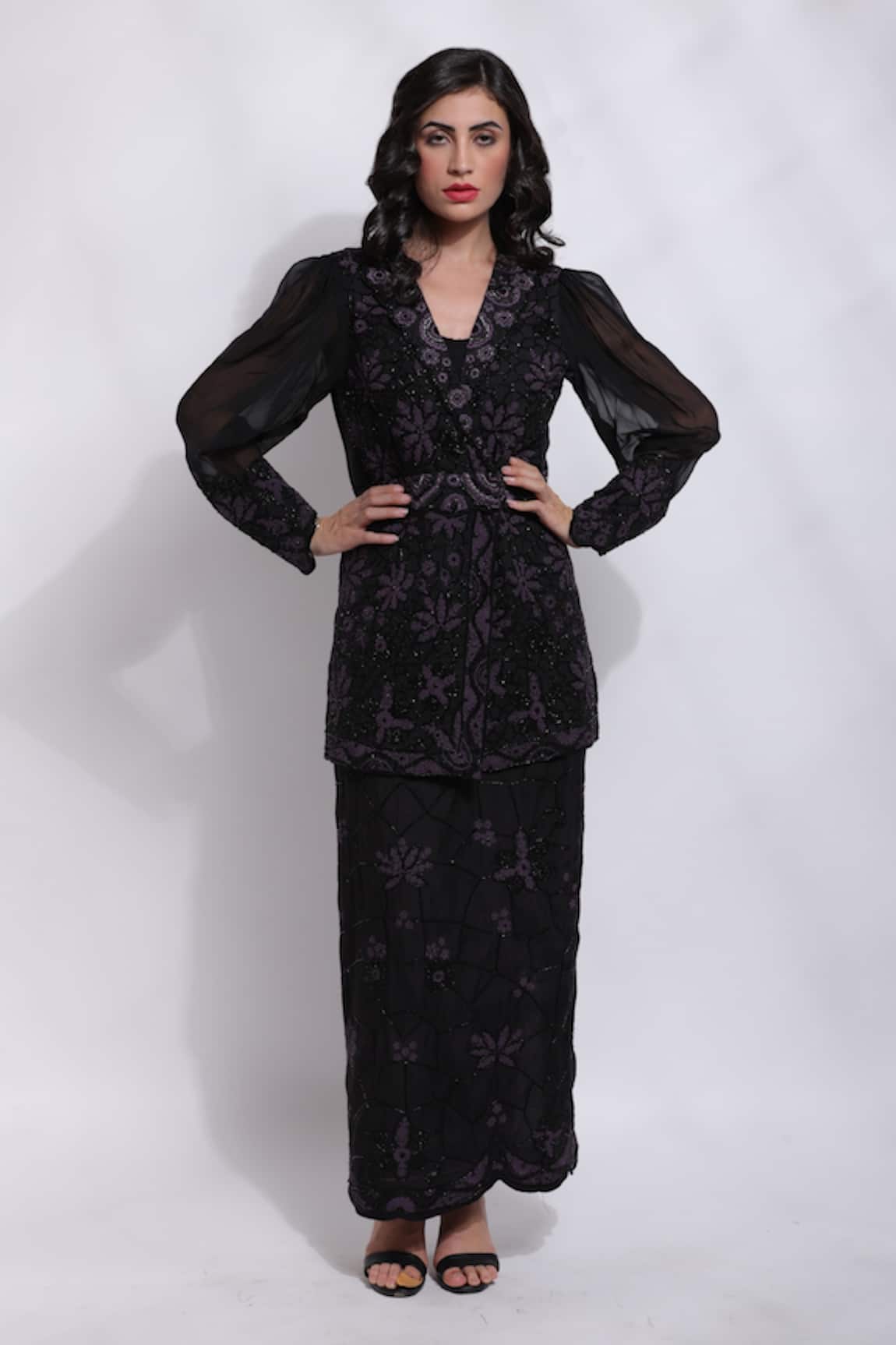 Sonali Gupta Floral Embroidered Jacket & Skirt Set