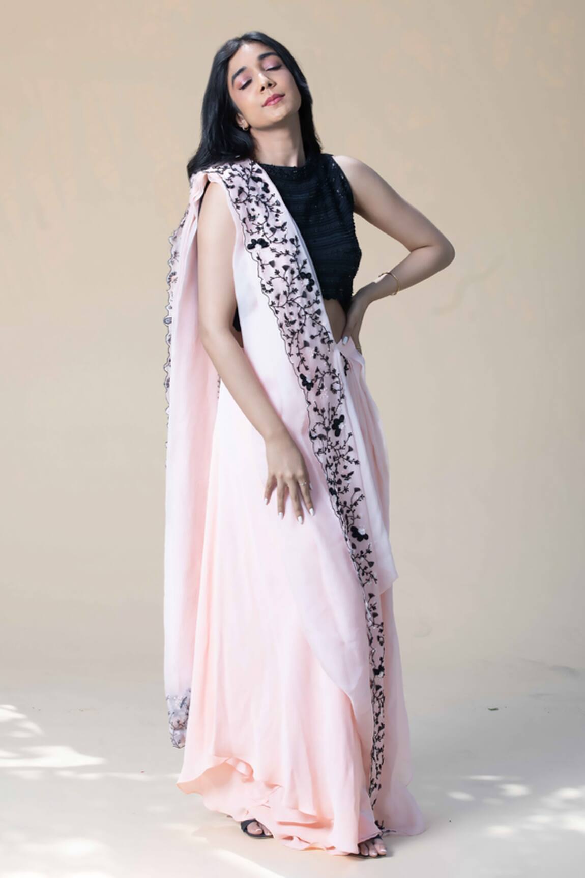 PIRI INDIA Border Embroidered Pre-Draped Saree With Black Crop Top