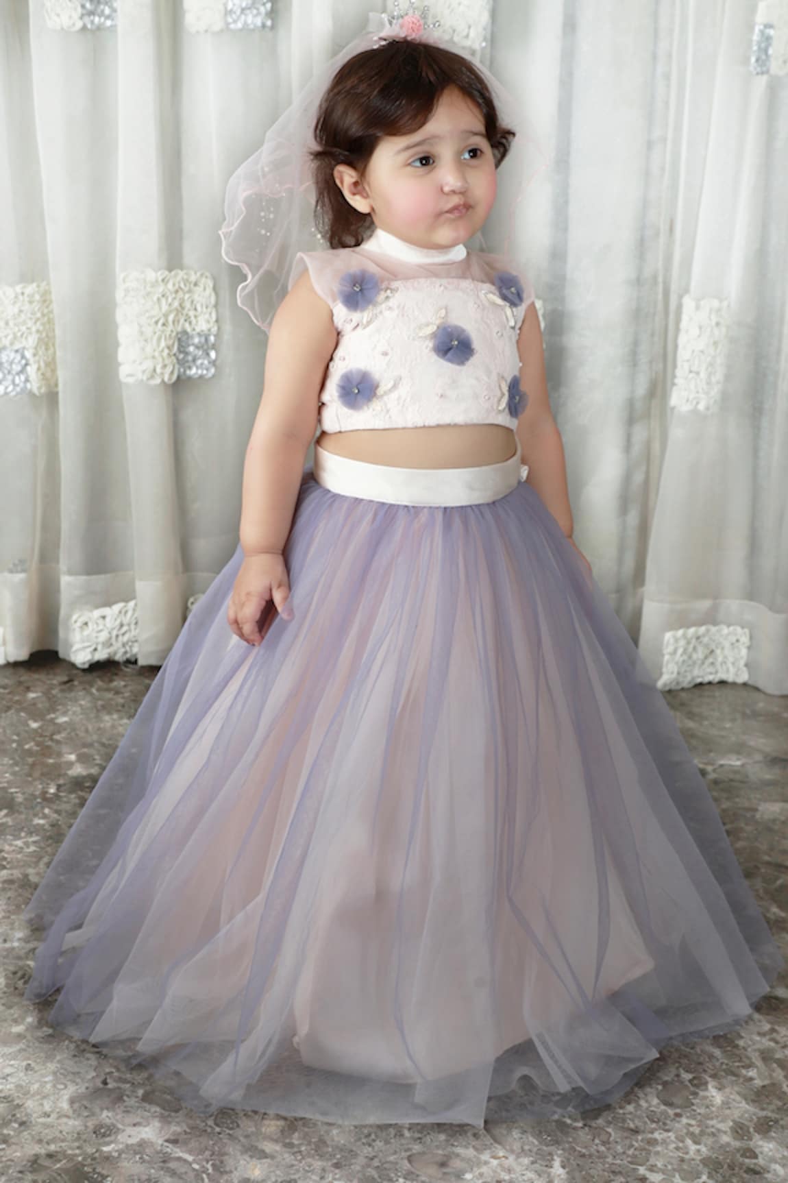 Darleen Kids Couture Flower Embellished Crop Top & Skirt Set