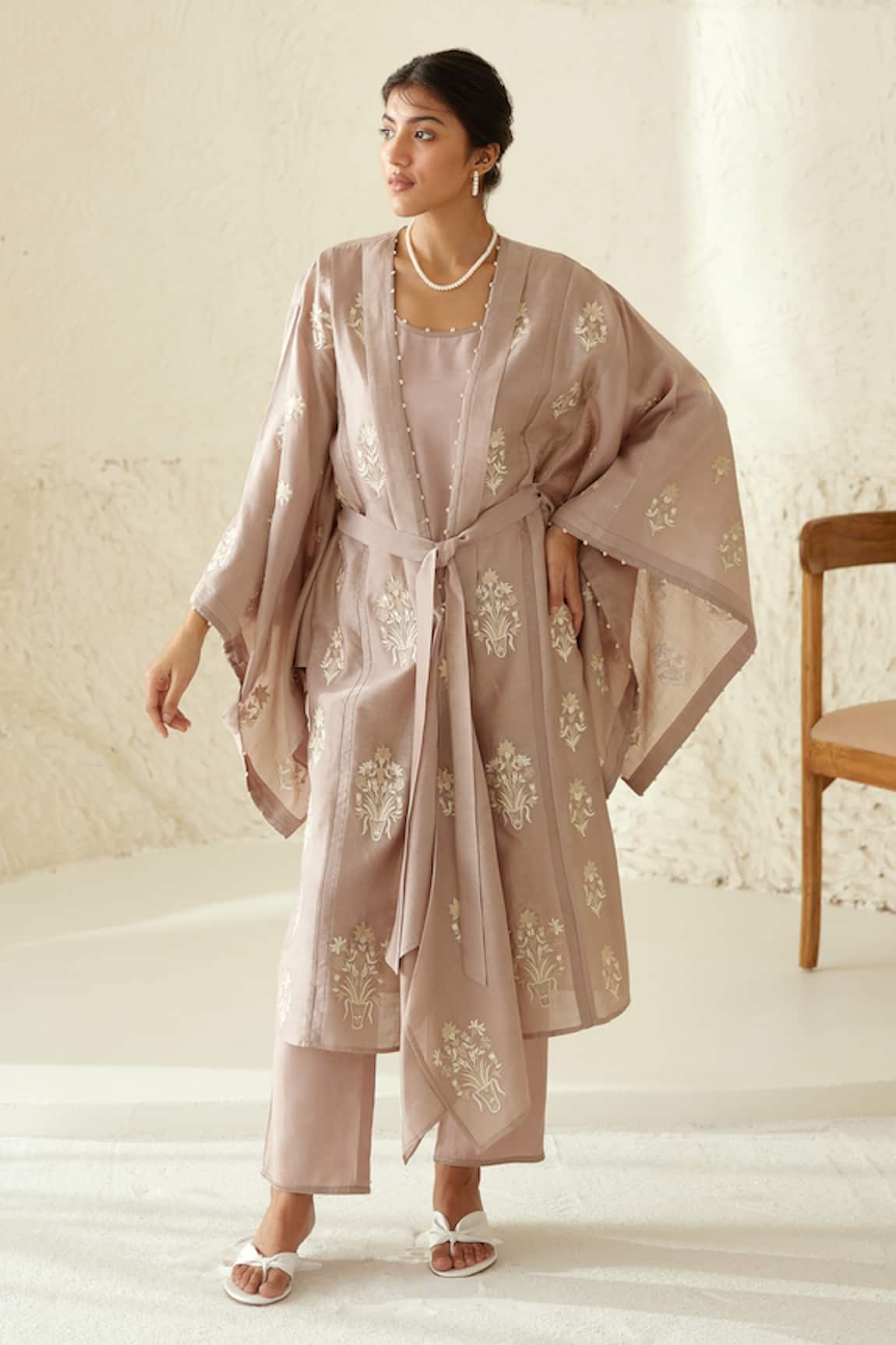 Cotton and Clay Botanical Hand Block Print Kimono Top Trouser Set