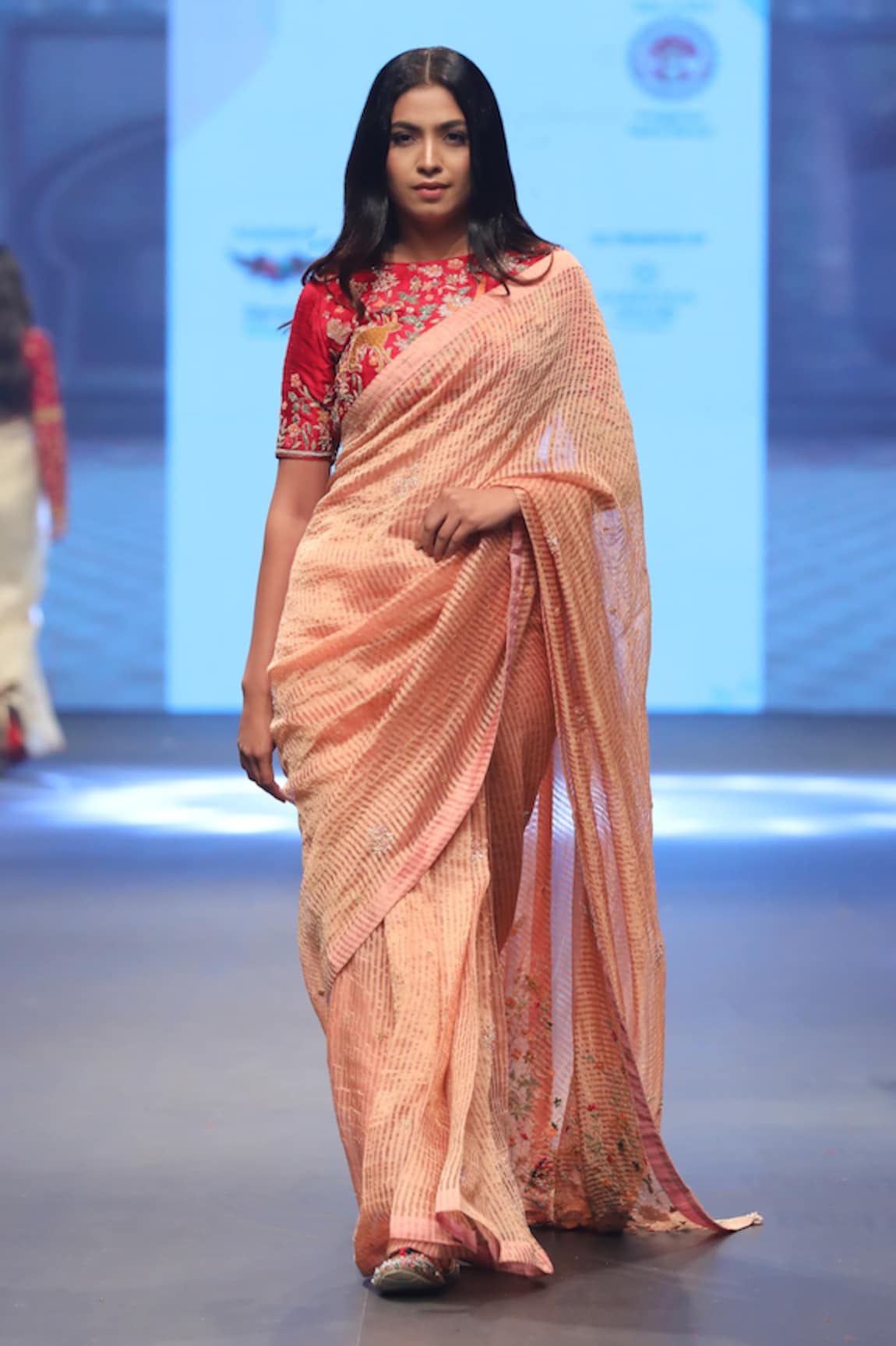 SHINOR Organza Tissue Striped Saree With Floral Blouse