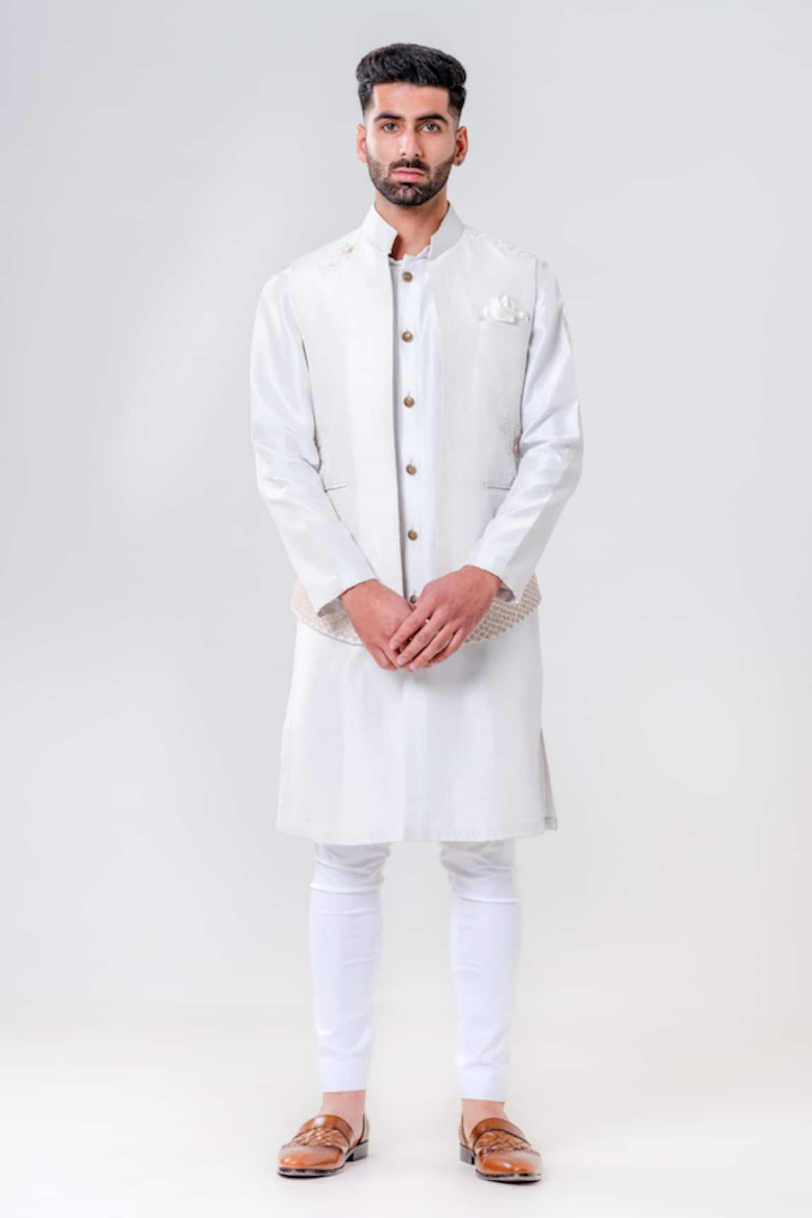 Amrit Dawani Flower Embroidered Front Open Jacket Kurta Set 