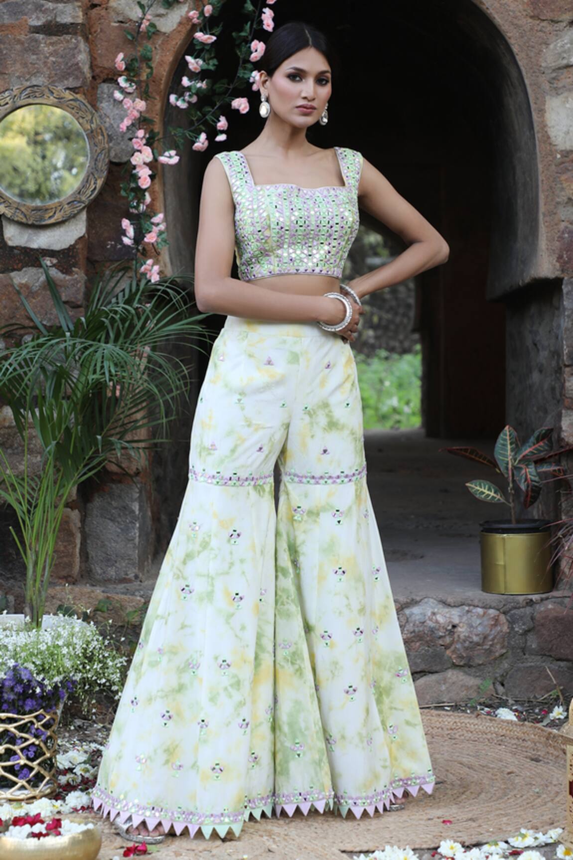 Nitisha Kashyap Official Geometric Embroidered Bustier & Gharara Pant Set 