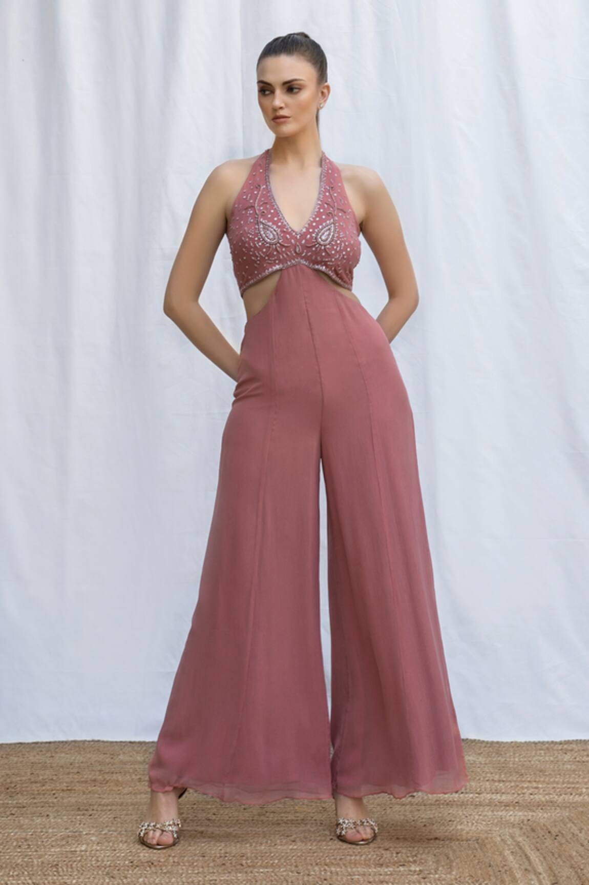 Amrta By Guneet Kondal Bailey Halter Neck Embroidered Jumpsuit