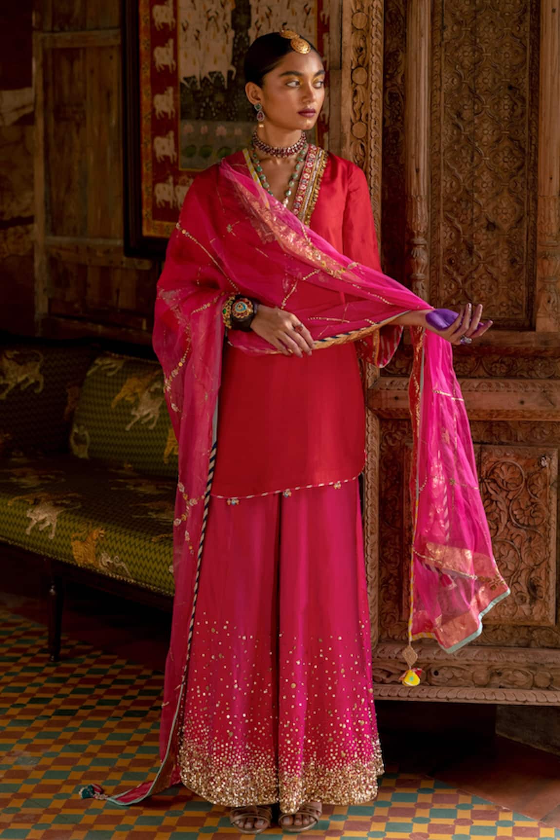 Rajiramniq Fariba Silk Sequin Embellished Sharara Set