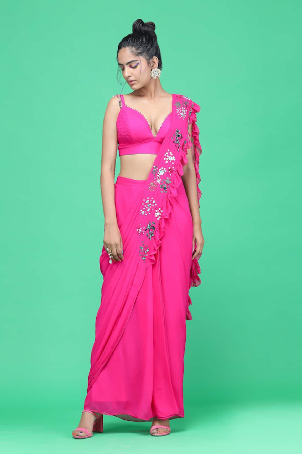 Raasa Crystal Embroidered Pre-Draped Saree With Blouse 