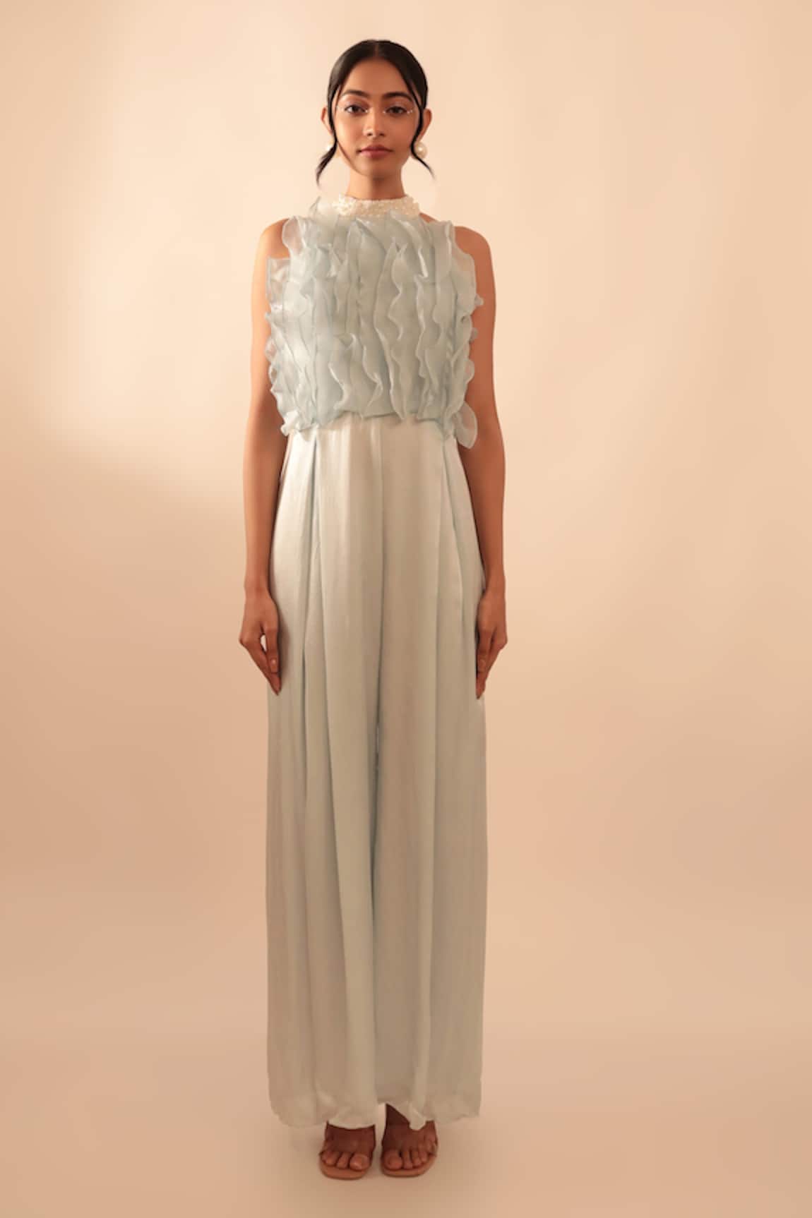 Vanshika Agarwal Label Blue Ruffle Detailed Jumpsuit 