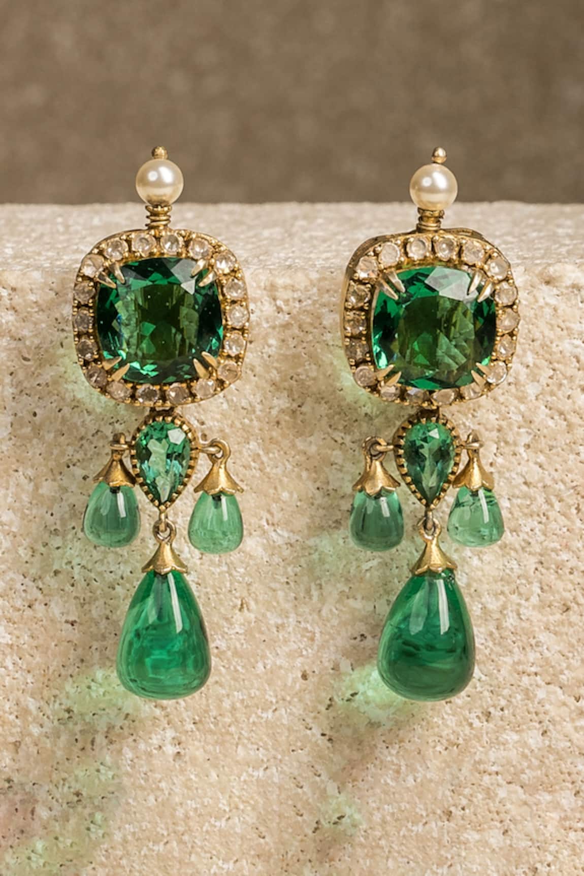 Tarun Tahiliani Emerald Glass Drop Earrings