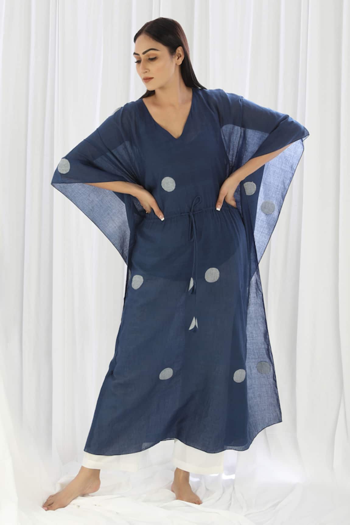 Khat Navy Blue Polka Pattern Kaftan & Pant Set 