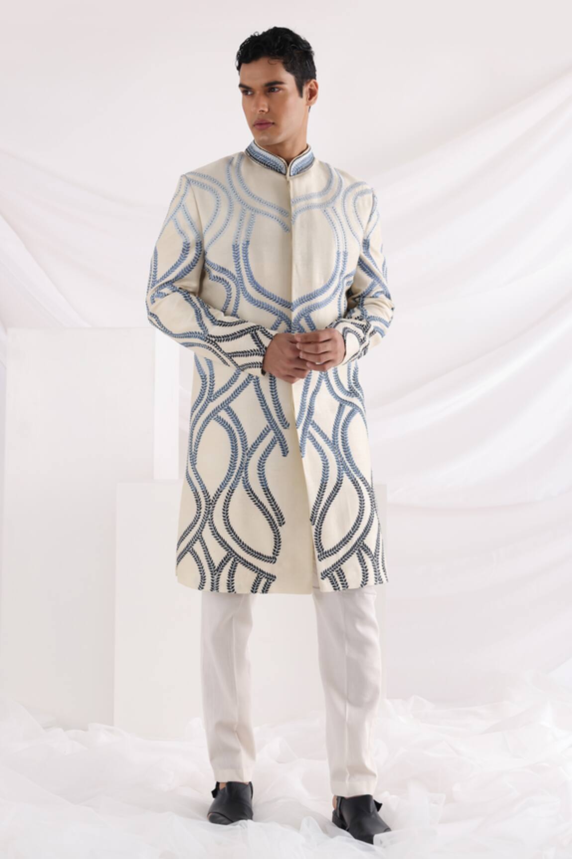 Smriti by Anju Agarwal Vine Leaf Embroidered Sherwani Set 