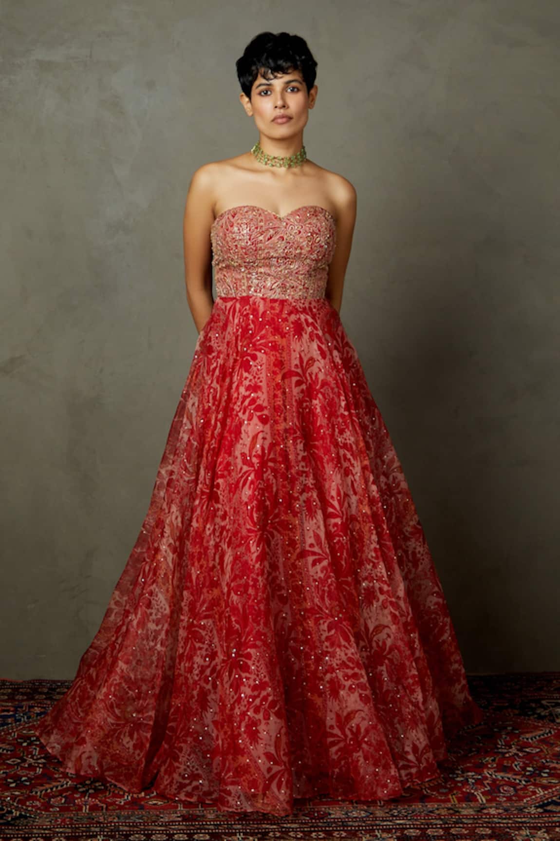 RI.Ritu Kumar Magnolia Floral Embroidered Bandeau Dress