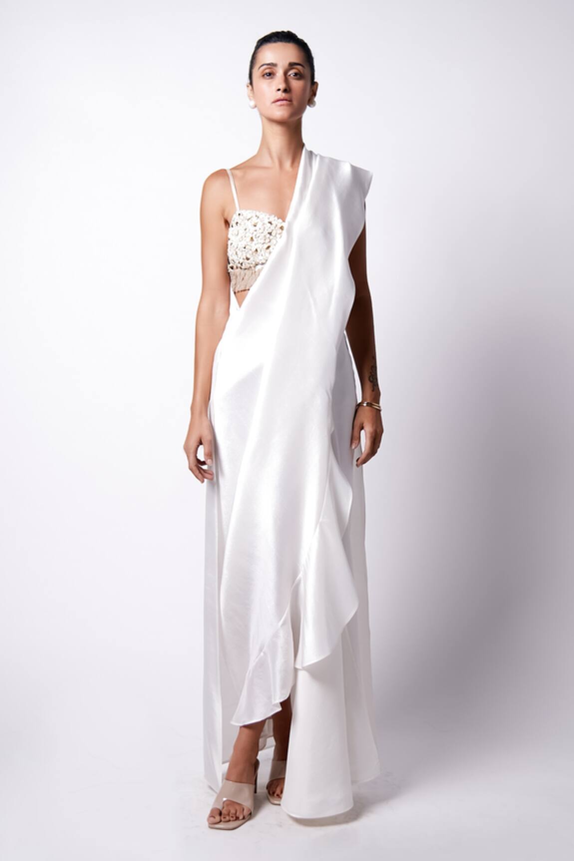 431-88 By Shweta Kapur Pre-Draped Cape Saree With Iris Bustier 