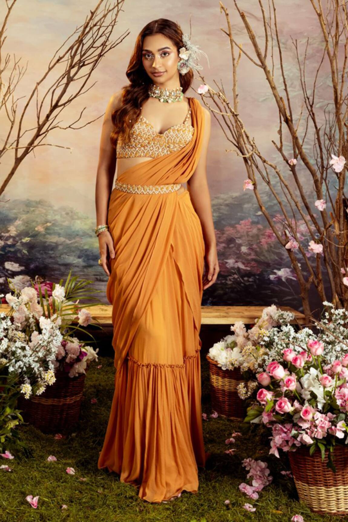 Pleats by Kaksha and Dimple Pre-Draped Saree With Embroidered Blouse