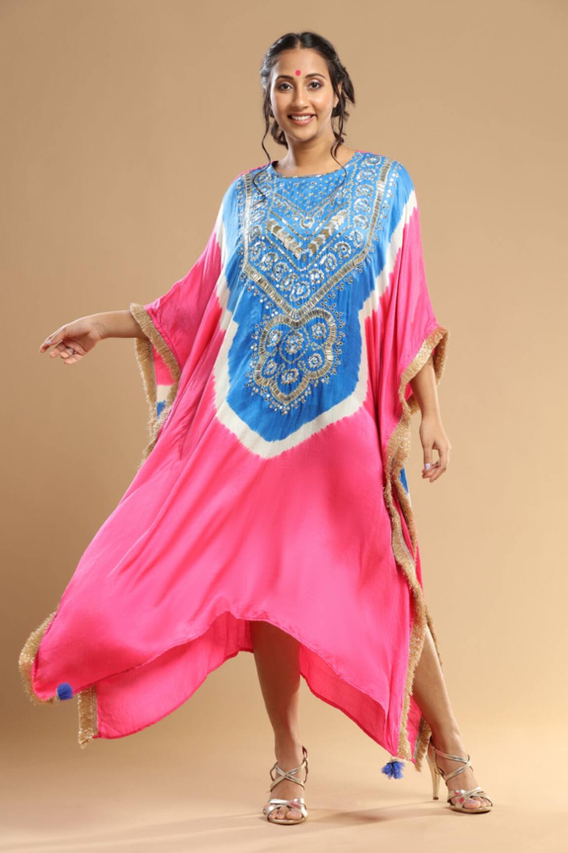 Etasha By Asha Jain Mirror Embellished Bandhani Pattern Kaftan 