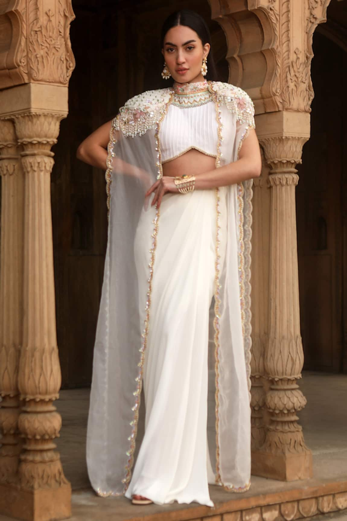 Dheeru Taneja Naaz Sheer Long Cape & Draped Skirt Set