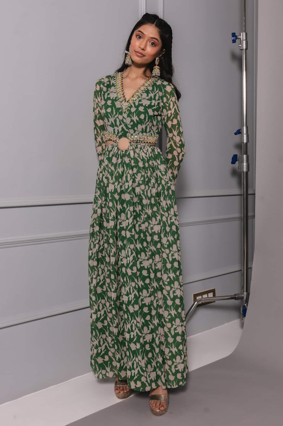 Ria Shah Label Floral Print Cut-Out Anarkali Dress