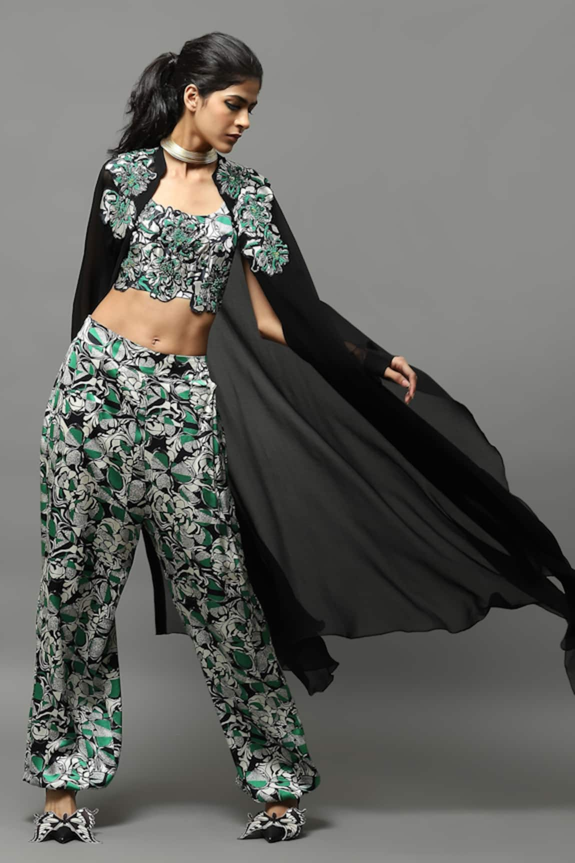 AK-OK Floral Print Top & Joggers Set With Cape