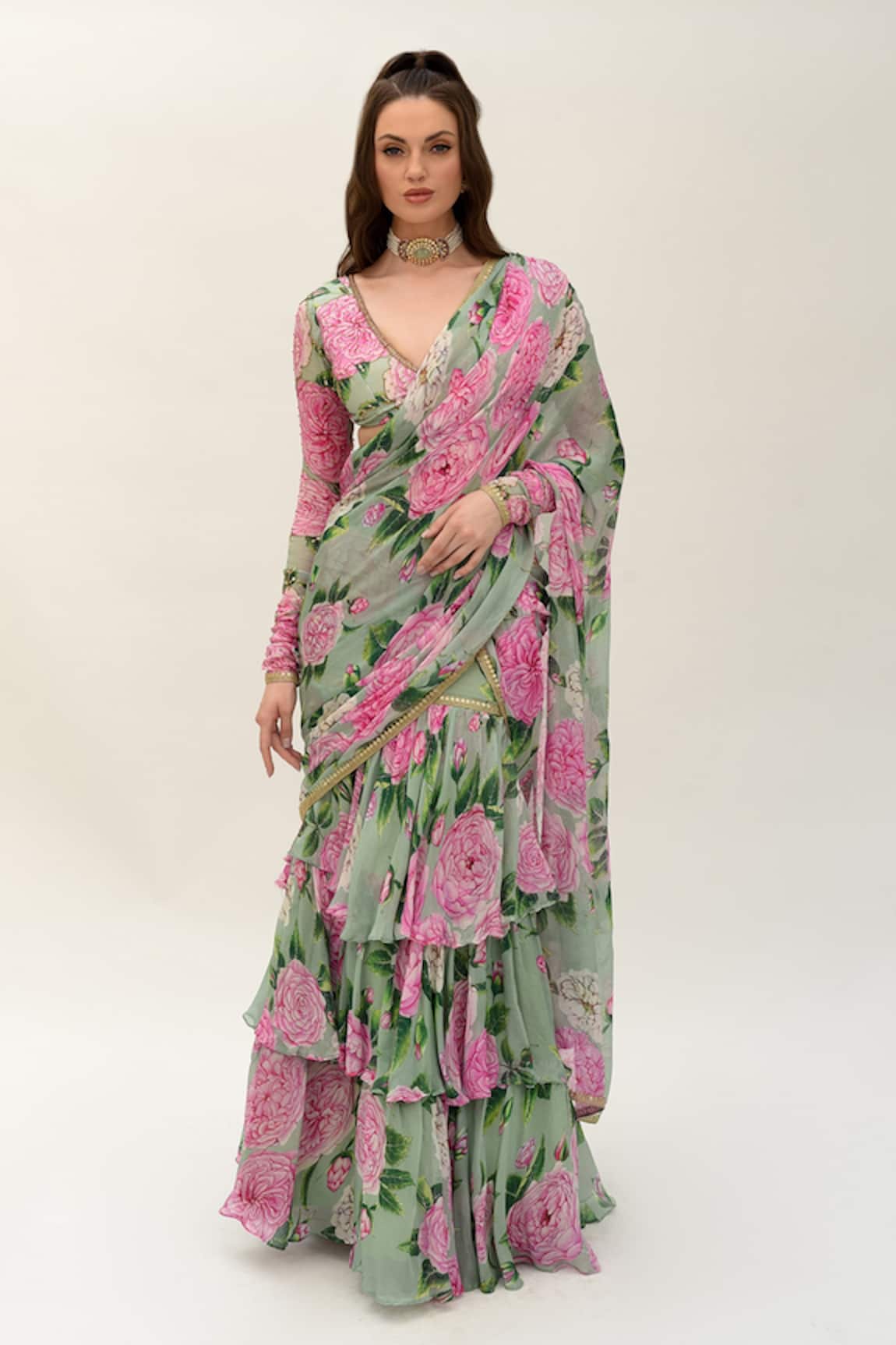 SANAM Floral Bloom Pre-Stiched Saree With Cut-out Blouse