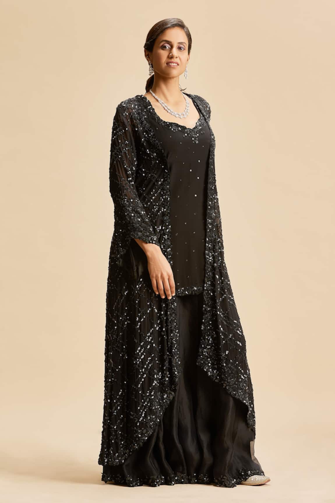 Nitika Gujral Tonal Embroidered High Low Jacket & Kurta Sharara Set