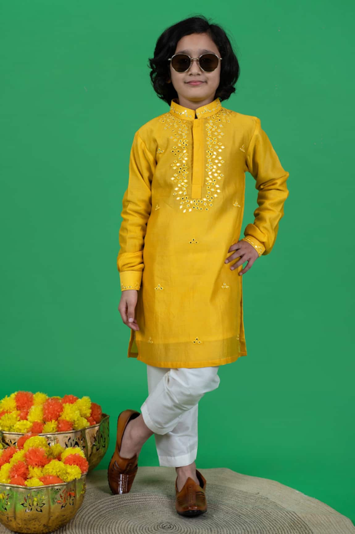 Little Boys Closet by Gunjan Khanijou Mirror Embroidered Kurta & Pyjama Set