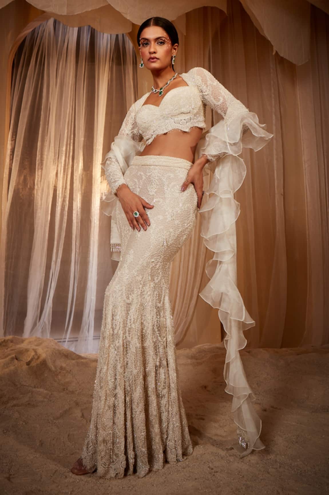 House of Exotique Embroidered Lehenga Set With Ruffle Dupatta