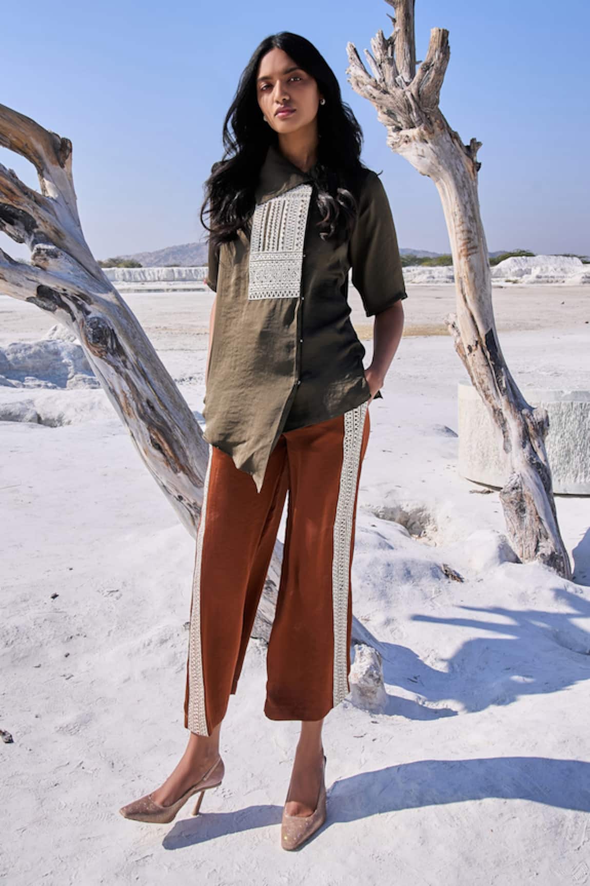 Dash And Dot Embroidered Gota Asymmetric Shirt With Culottes