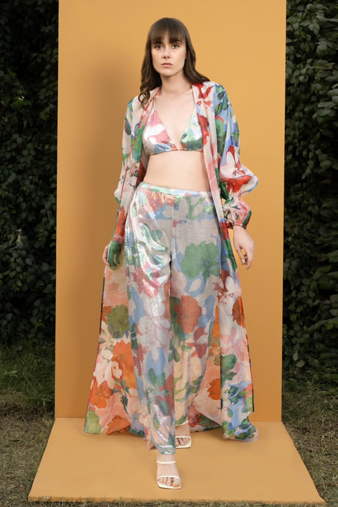 Mandira Wirk Resort Sequin Embroidered Cape & Pant Set 