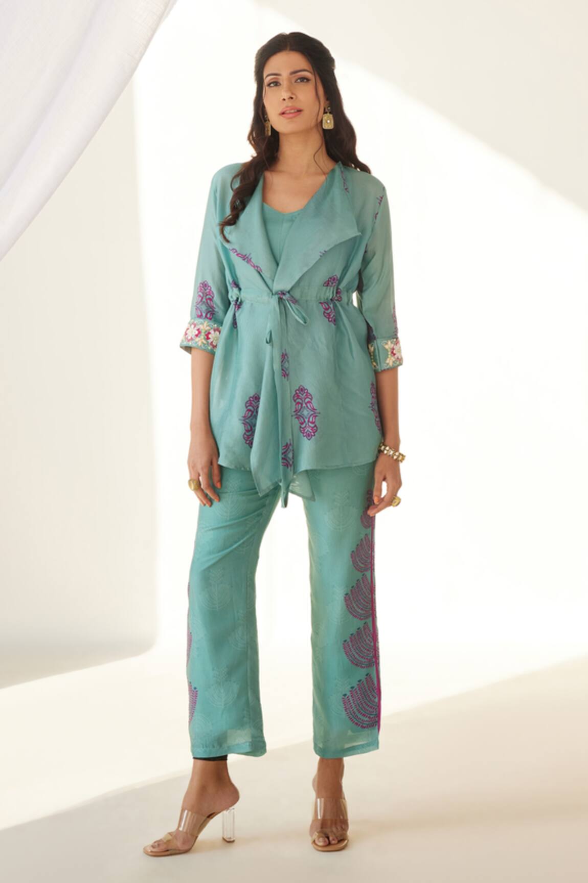 Koashee By Shubitaa Silk Front Tie Jacket Pant Set 