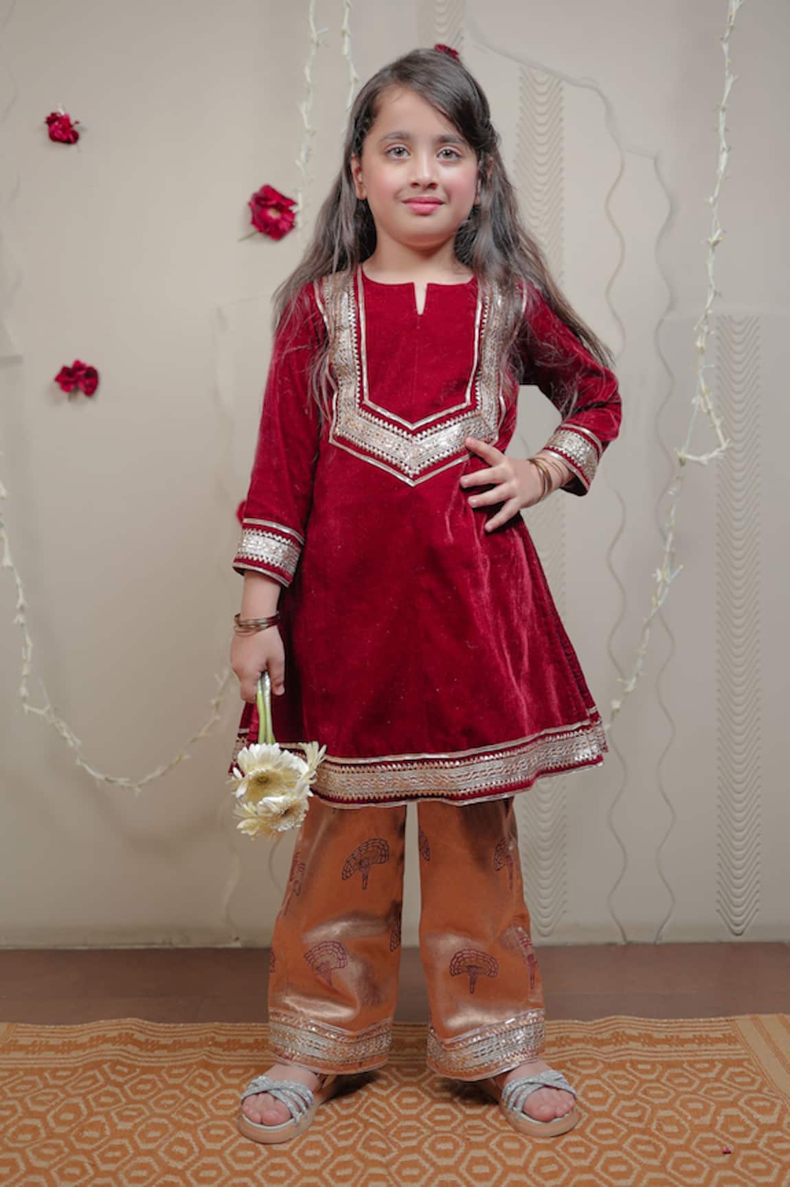 Tiny Colour Velvet Kurta & Printed Pant Set