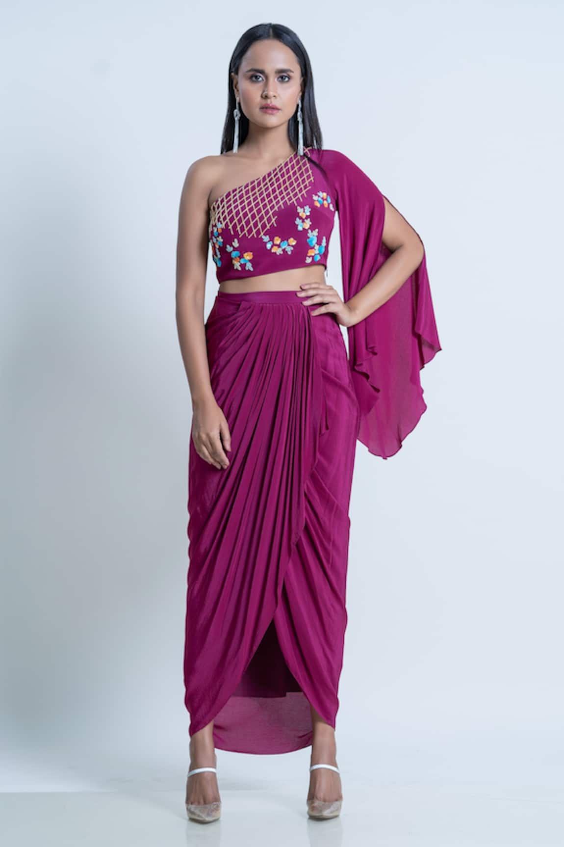 Nautanky Sequin & Beads Embellished Crop Top & Drape Skirt Set