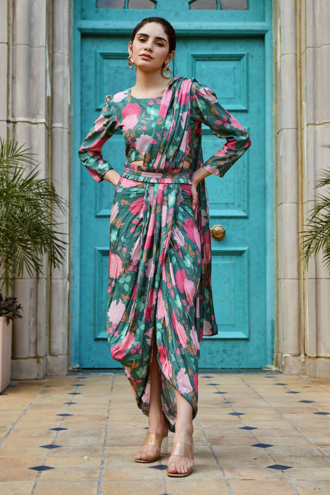 KARAJ JAIPUR Floral Print Pre-Draped Saree Set