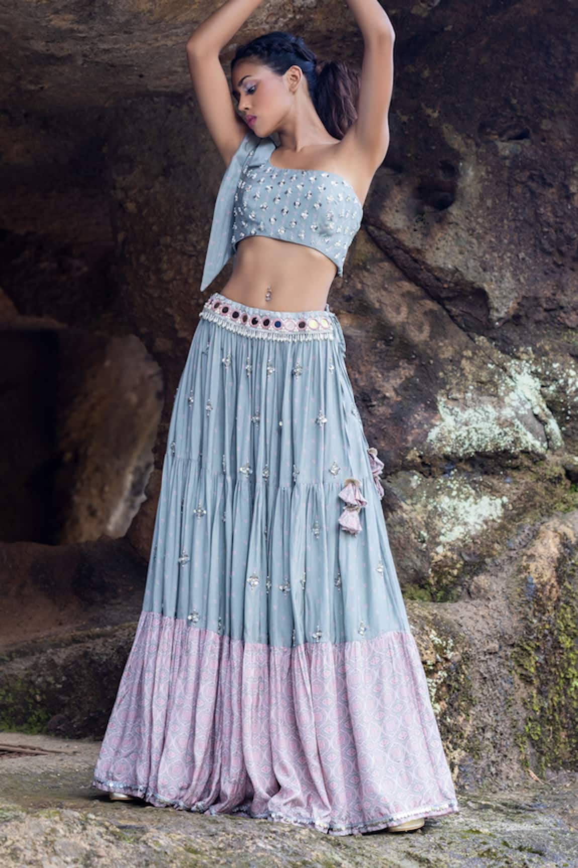 Yogita Kadam Embroidered One Shoulder Top & Skirt Set