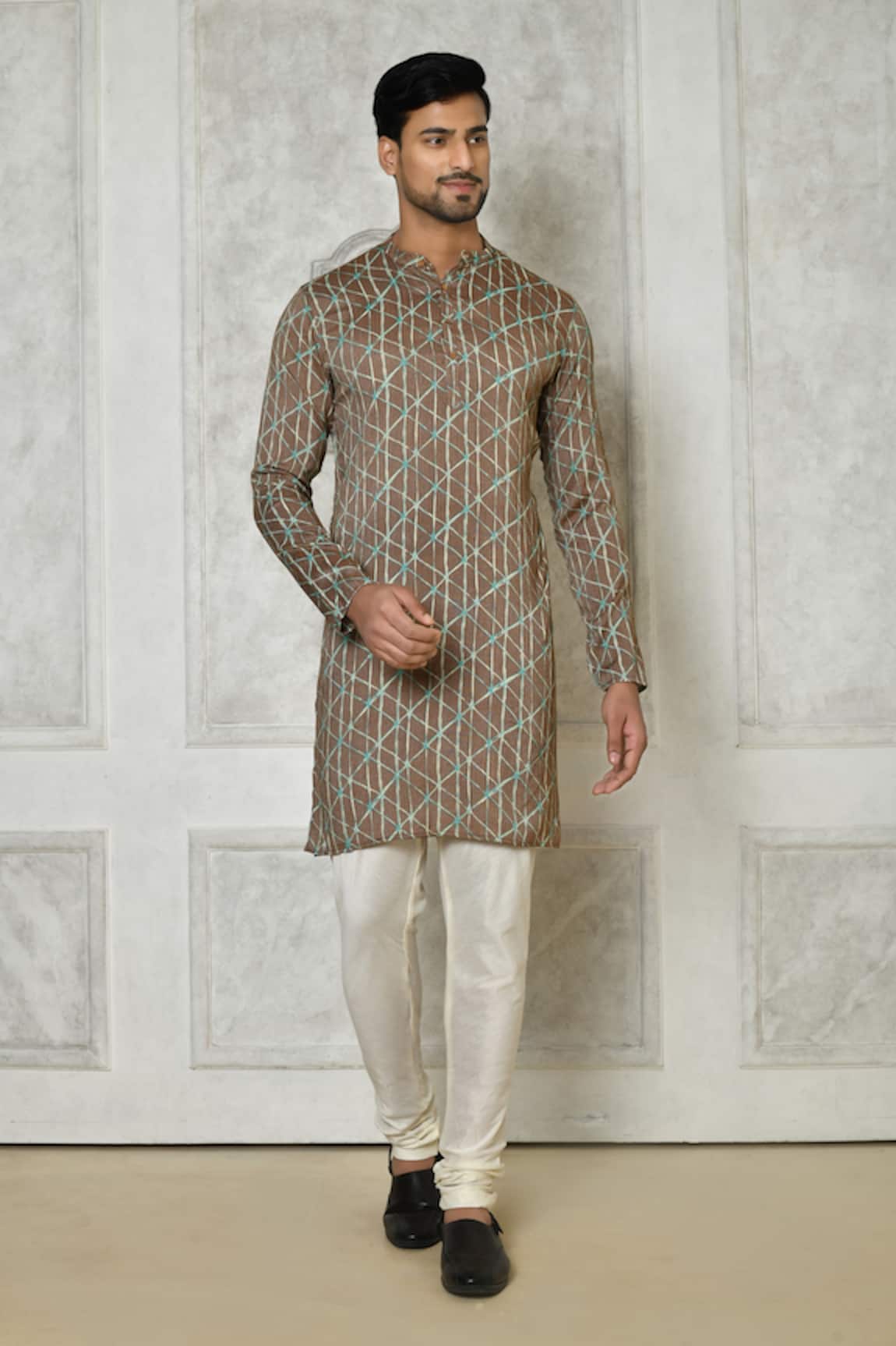 Samyukta Singhania Geometric Print Kurta & White Churidar Set
