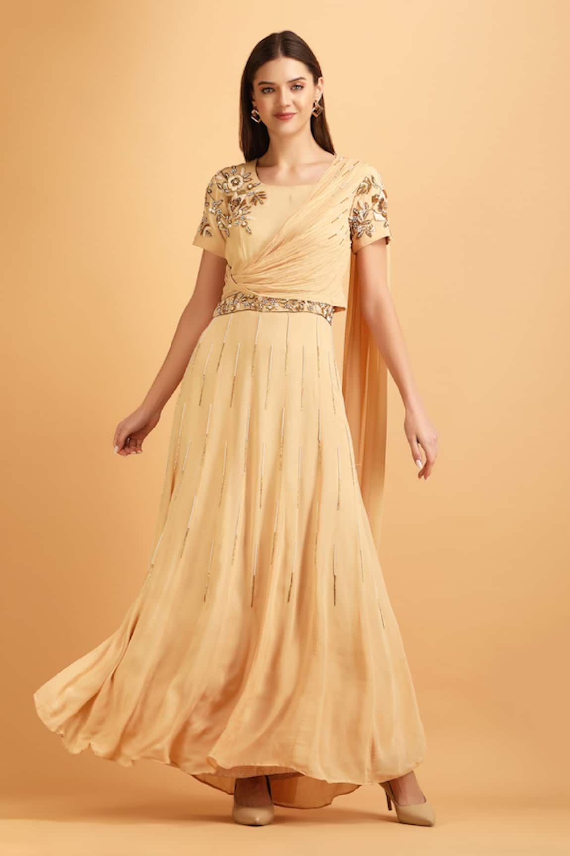 Label Ivish Pearl Embroidered Draped Anarkali Gown