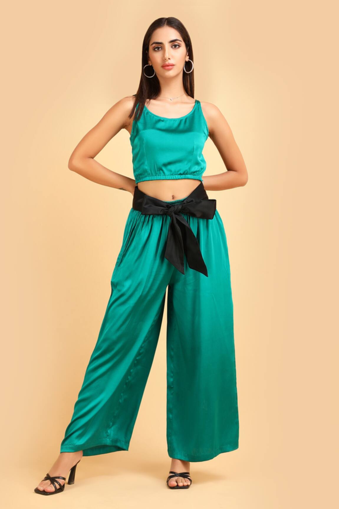 Label Ivish Emerald Green Silk Satin Pant Set 