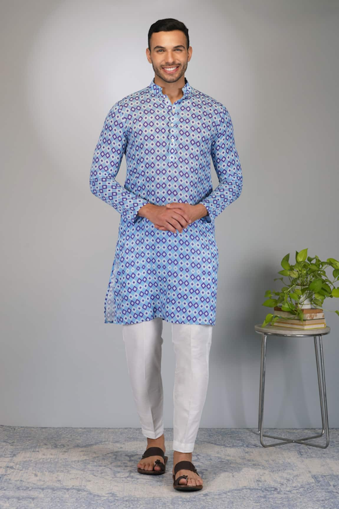 Eleven Brothers Silk Diamond Tile Print Kurta & Pant Set