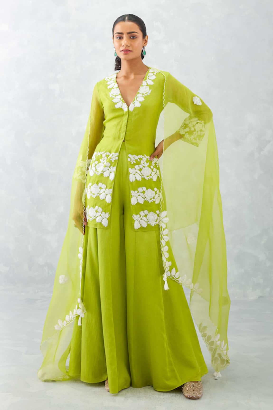 Devnaagri Front Slit Embroidered Kurta Sharara Set