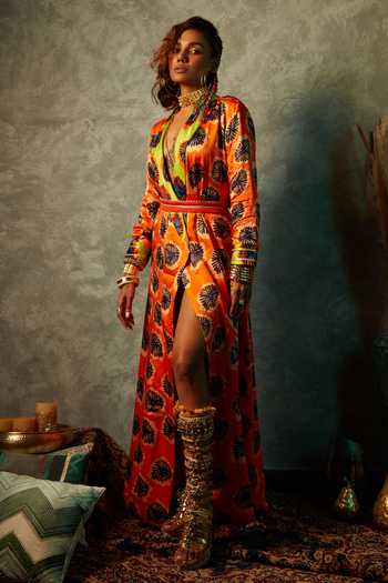 Esha L Amin Abstract Flower Print Blazer Maxi Dress 