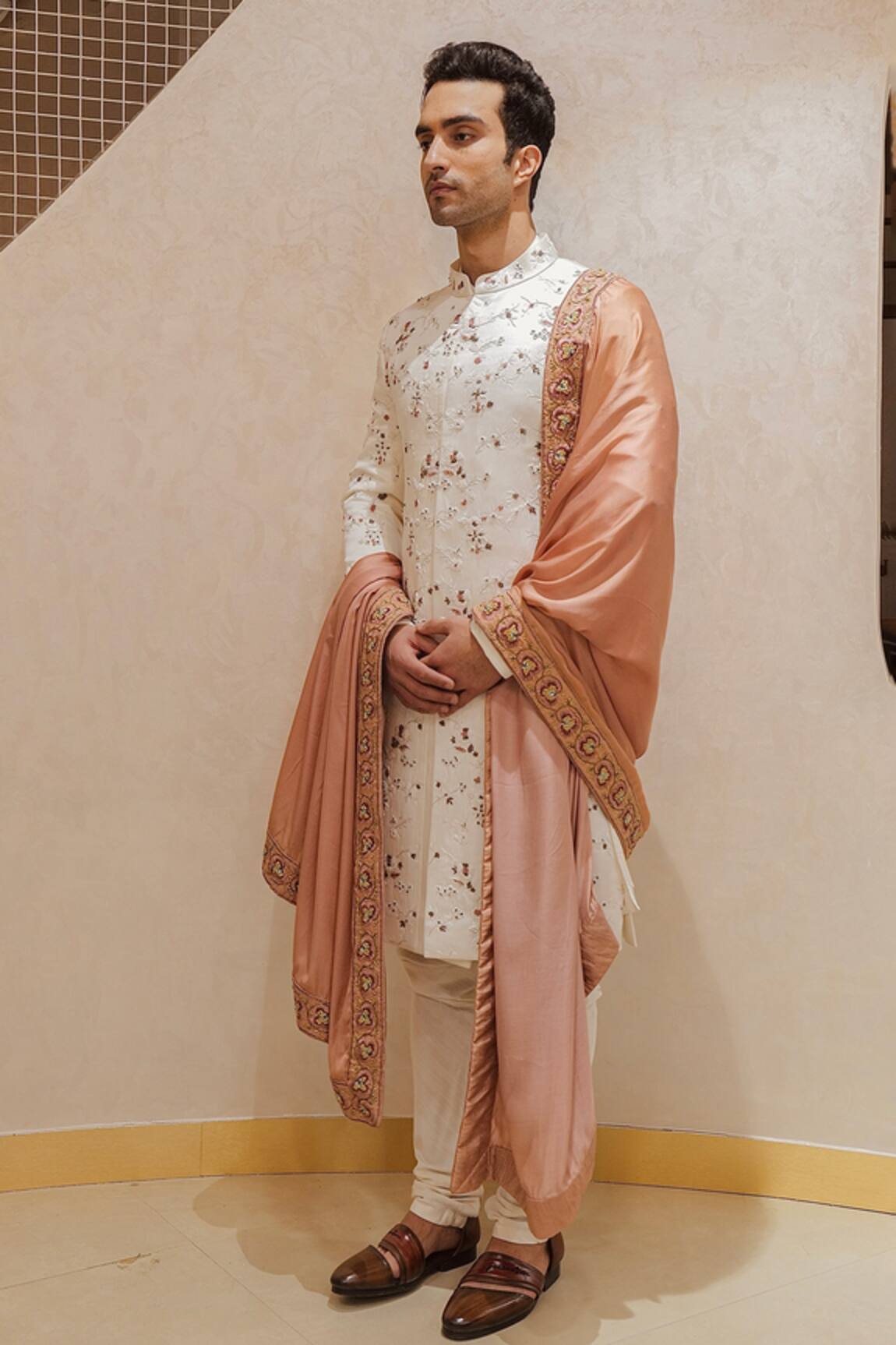 Jatin Malik Zari Embroidered Linen Silk Sherwani Set 